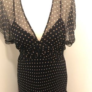 Navy Blue Yellow Polka Dot V-Neckline A-Line Dress